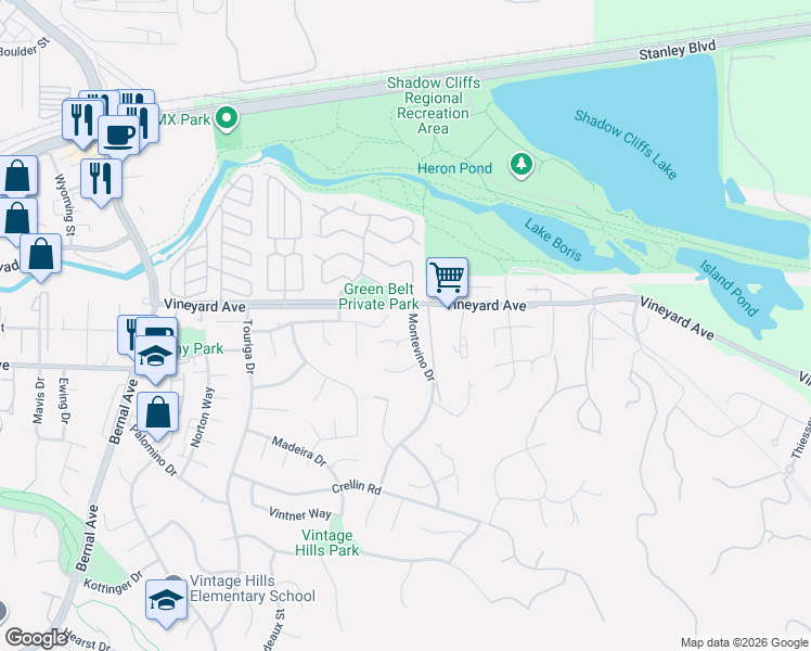 map of restaurants, bars, coffee shops, grocery stores, and more near 729 Montevino Drive in Pleasanton