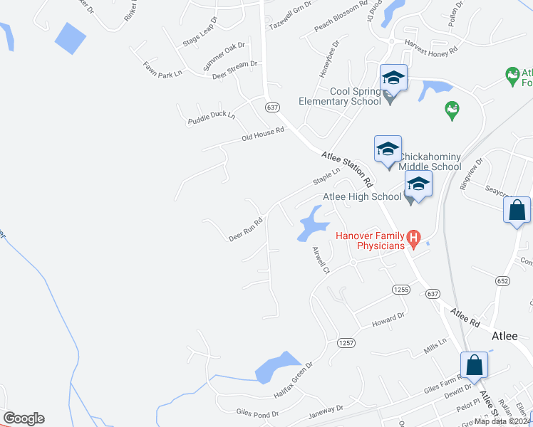 map of restaurants, bars, coffee shops, grocery stores, and more near 9245 Deer Run Road in Mechanicsville
