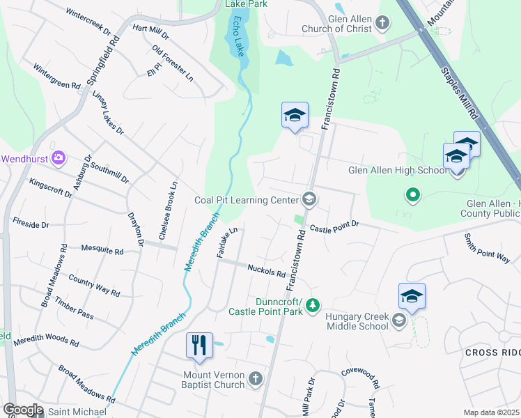 map of restaurants, bars, coffee shops, grocery stores, and more near 5228 Timber Hollow Place in Glen Allen