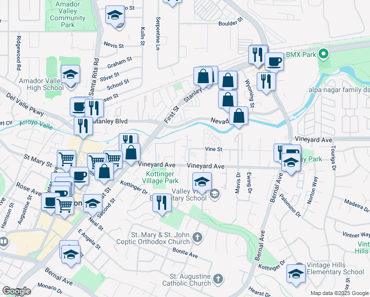 map of restaurants, bars, coffee shops, grocery stores, and more near 236 Birch Creek Terrace in Pleasanton