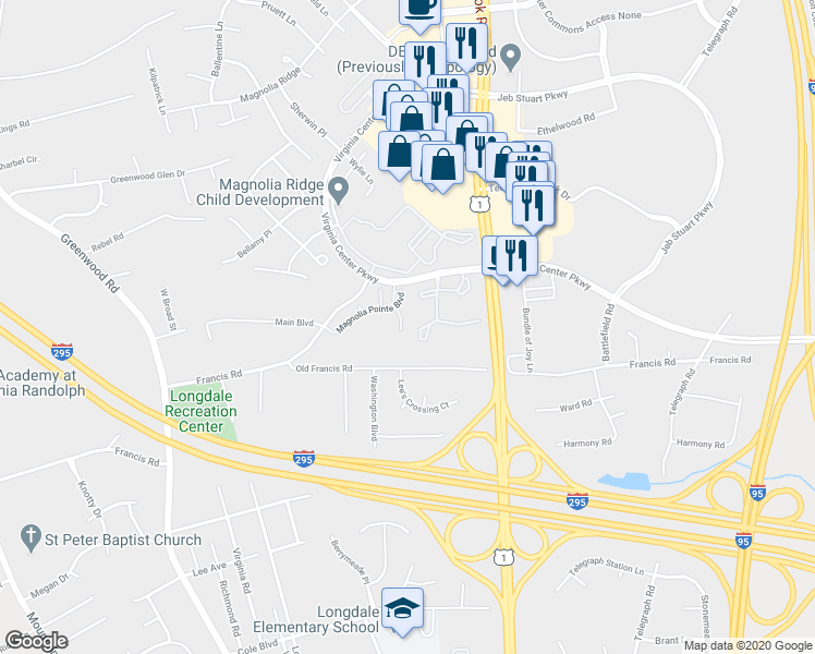map of restaurants, bars, coffee shops, grocery stores, and more near 9702 Magnolia Pointe Place in Glen Allen