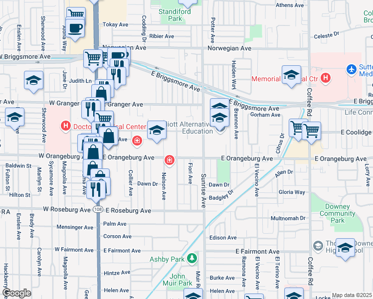 map of restaurants, bars, coffee shops, grocery stores, and more near 1346 Melrose Avenue in Modesto