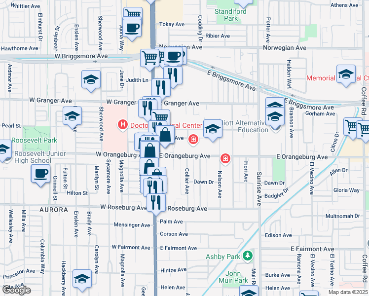 map of restaurants, bars, coffee shops, grocery stores, and more near 162 East Orangeburg Avenue in Modesto