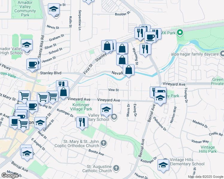 map of restaurants, bars, coffee shops, grocery stores, and more near 3819 Vineyard Avenue in Pleasanton