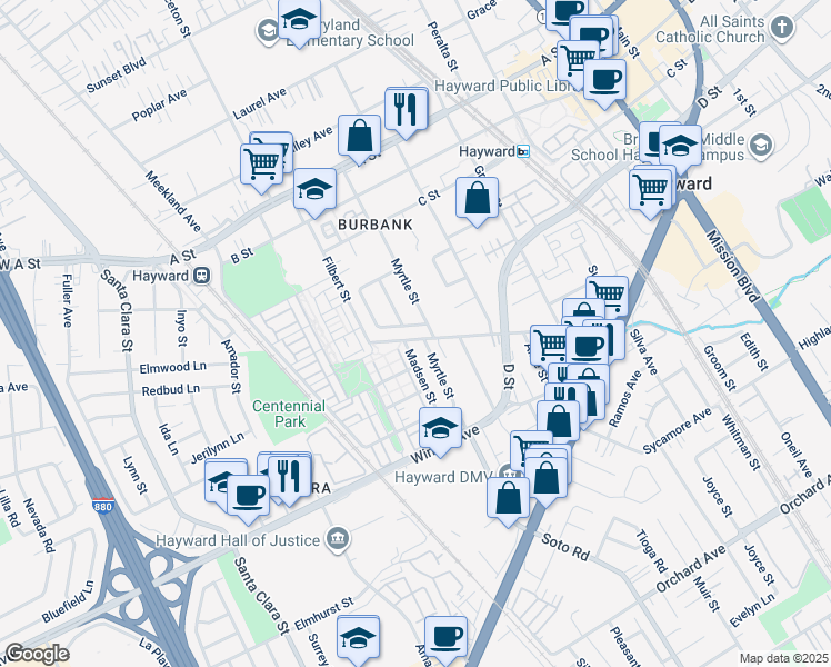 map of restaurants, bars, coffee shops, grocery stores, and more near 3088 Madsen Street in Hayward