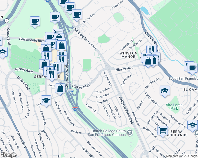 map of restaurants, bars, coffee shops, grocery stores, and more near 117 Dundee Drive in South San Francisco