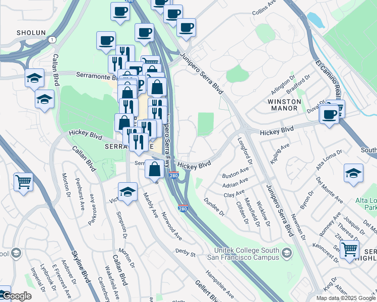 map of restaurants, bars, coffee shops, grocery stores, and more near 410 Hickey Boulevard in Daly City