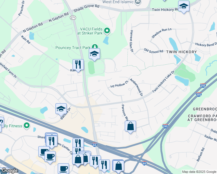 map of restaurants, bars, coffee shops, grocery stores, and more near 5245 Turning Branch Way in Glen Allen