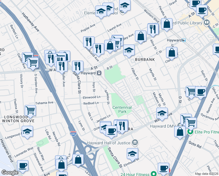 map of restaurants, bars, coffee shops, grocery stores, and more near 239 Elmwood Lane in Hayward