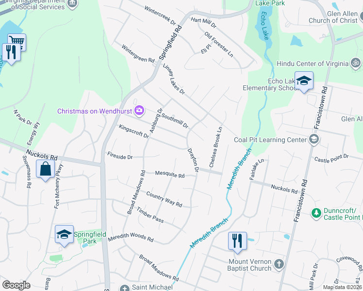 map of restaurants, bars, coffee shops, grocery stores, and more near 5109 Drayton Drive in Glen Allen