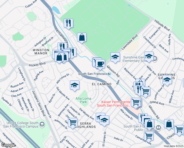 map of restaurants, bars, coffee shops, grocery stores, and more near 30e McLellan Drive in South San Francisco