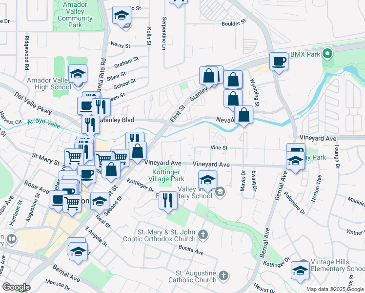 map of restaurants, bars, coffee shops, grocery stores, and more near 3955 Vineyard Avenue in Pleasanton