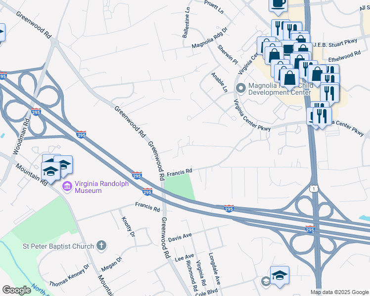 map of restaurants, bars, coffee shops, grocery stores, and more near 10135 Highview Avenue in Glen Allen