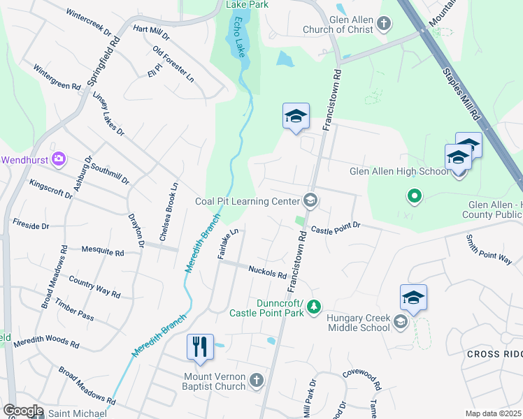map of restaurants, bars, coffee shops, grocery stores, and more near 5228 Timber Hollow Place in Glen Allen