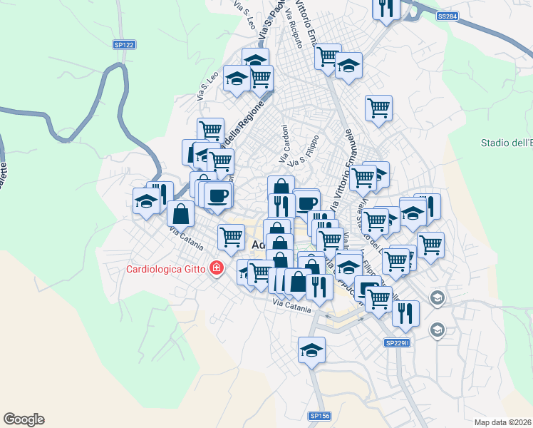 map of restaurants, bars, coffee shops, grocery stores, and more near in Adrano