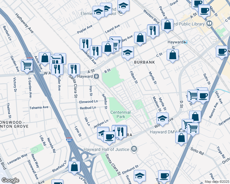 map of restaurants, bars, coffee shops, grocery stores, and more near 1028 Martin Luther King Drive in Hayward