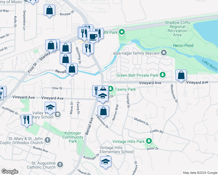 map of restaurants, bars, coffee shops, grocery stores, and more near 3376 Smoketree Commons Drive in Pleasanton