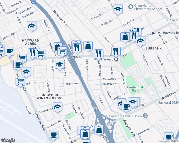 map of restaurants, bars, coffee shops, grocery stores, and more near 22464 Fuller Avenue in Hayward
