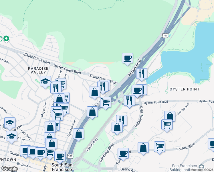map of restaurants, bars, coffee shops, grocery stores, and more near Gardiner Avenue in South San Francisco