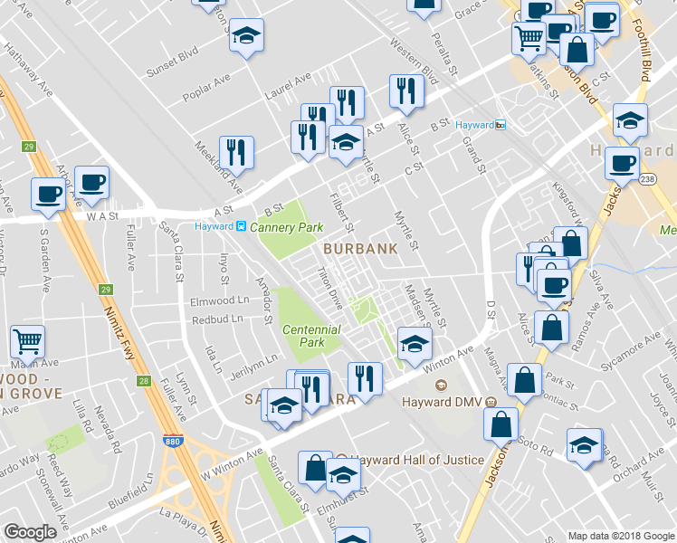 map of restaurants, bars, coffee shops, grocery stores, and more near 500 Lapin Place in Hayward