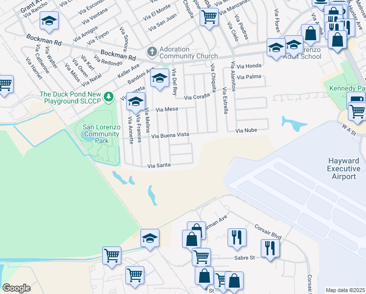 map of restaurants, bars, coffee shops, grocery stores, and more near 1666 Via Buena Vista in San Lorenzo