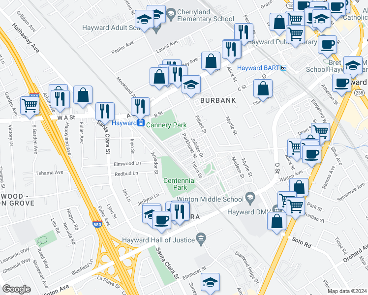 map of restaurants, bars, coffee shops, grocery stores, and more near 273 Sullivan Way in Hayward