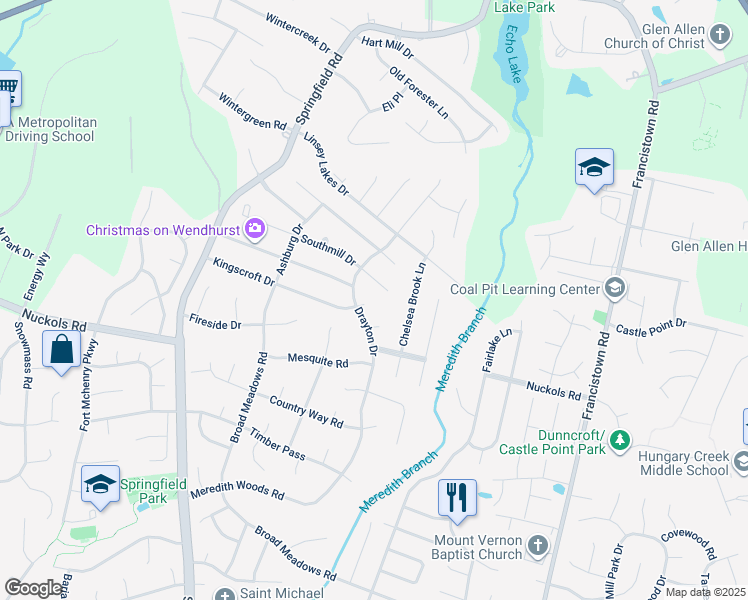 map of restaurants, bars, coffee shops, grocery stores, and more near 9500 Kingscroft Drive in Glen Allen
