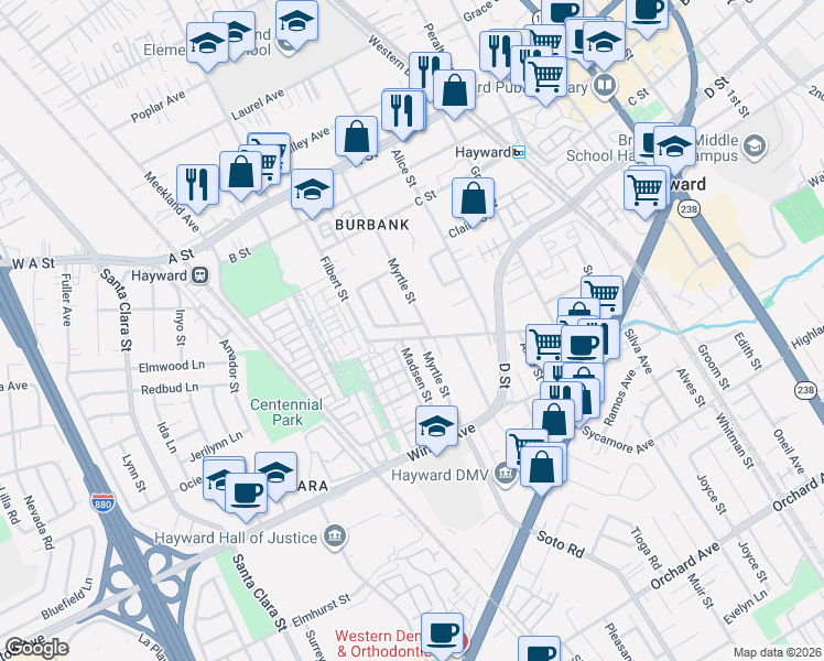 map of restaurants, bars, coffee shops, grocery stores, and more near 22851 Myrtle Street in Hayward