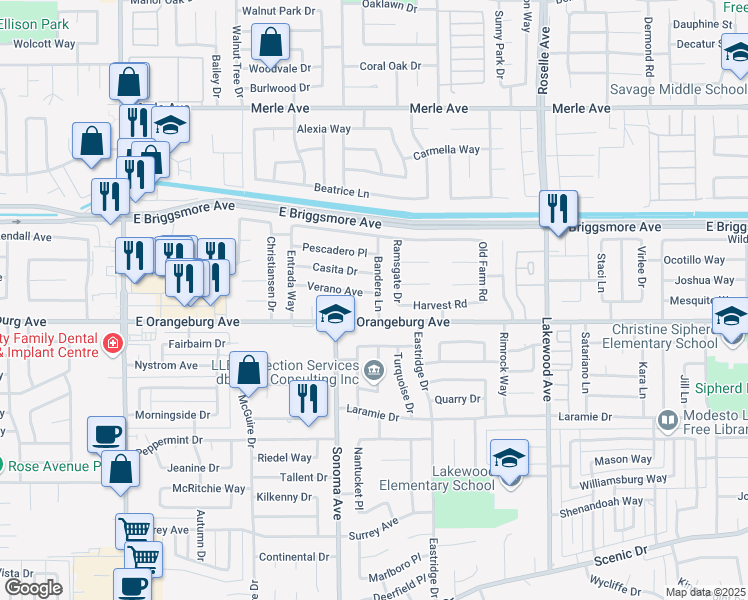 map of restaurants, bars, coffee shops, grocery stores, and more near 2624 Verano Avenue in Modesto