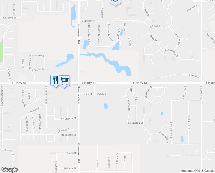 map of restaurants, bars, coffee shops, grocery stores, and more near 11537 East Harry Street in Wichita