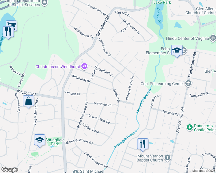 map of restaurants, bars, coffee shops, grocery stores, and more near 9621 Wendhurst Drive in Glen Allen