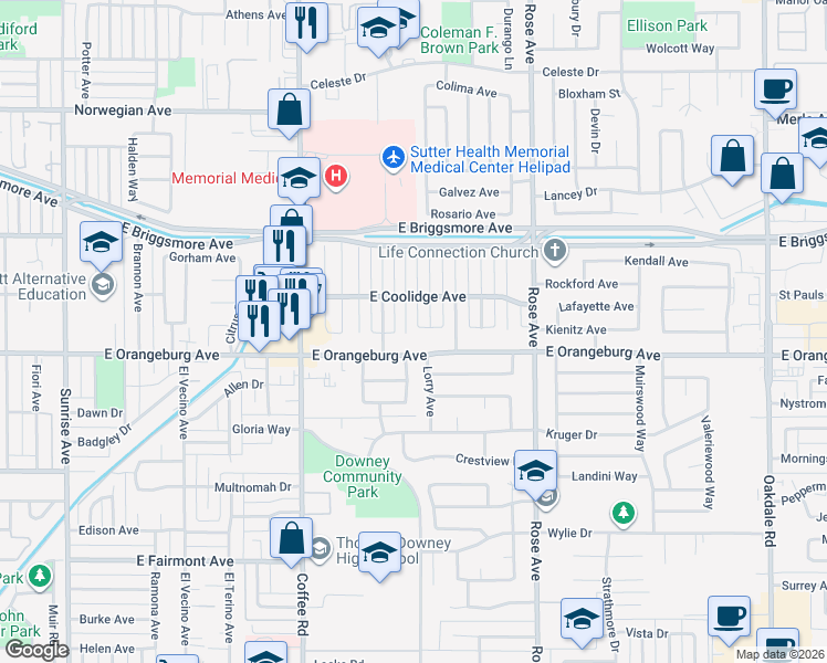 map of restaurants, bars, coffee shops, grocery stores, and more near 1445 Kent Way in Modesto