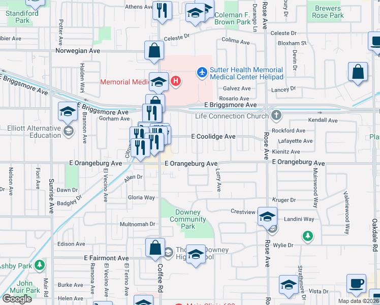 map of restaurants, bars, coffee shops, grocery stores, and more near 1447 Overholtzer Drive in Modesto