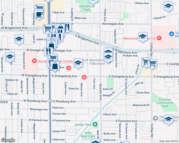 map of restaurants, bars, coffee shops, grocery stores, and more near 1438 Melrose Avenue in Modesto