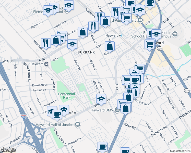 map of restaurants, bars, coffee shops, grocery stores, and more near 22851 Myrtle Street in Hayward