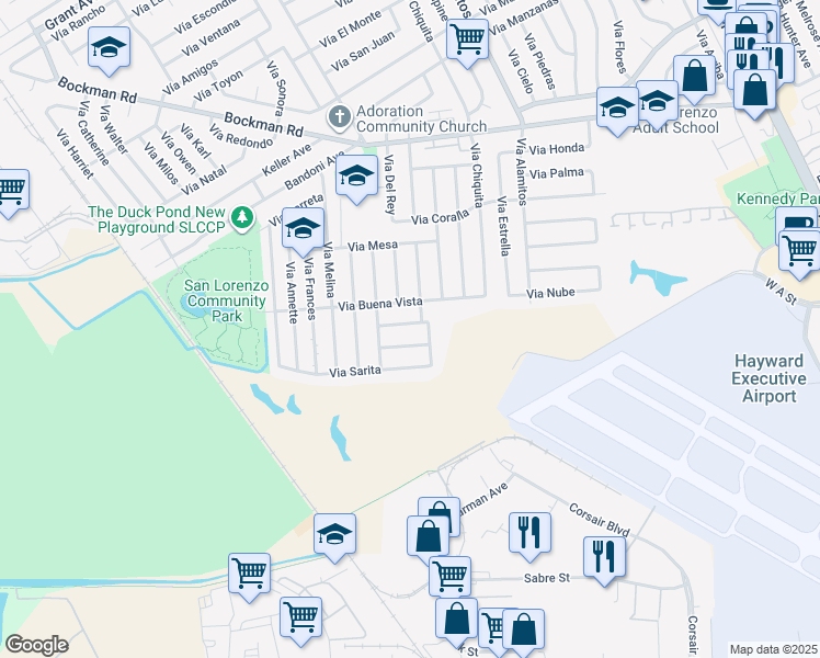 map of restaurants, bars, coffee shops, grocery stores, and more near 1666 Via Buena Vista in San Lorenzo