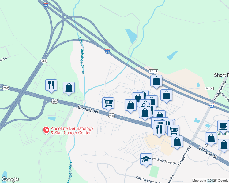 map of restaurants, bars, coffee shops, grocery stores, and more near 4359 Saunders Station Lane in Henrico