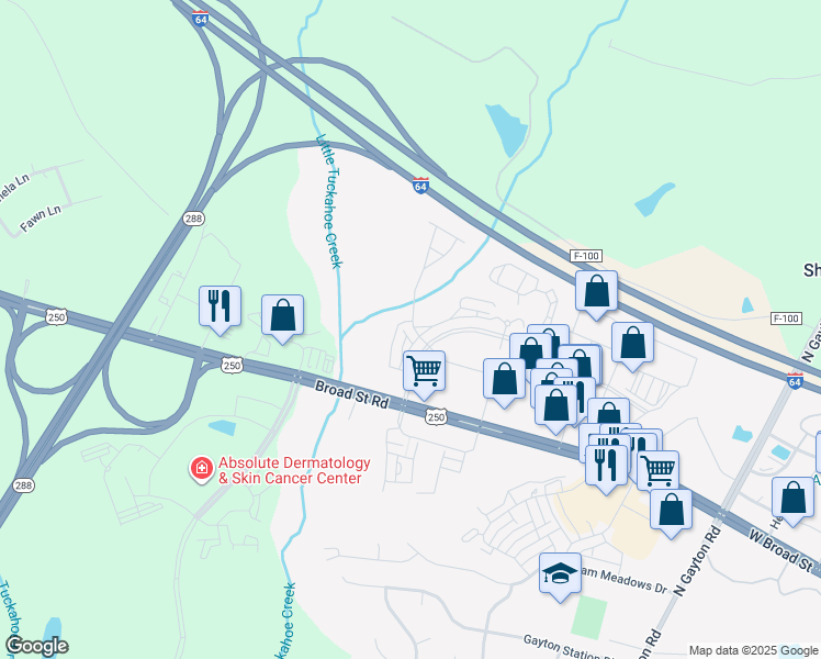 map of restaurants, bars, coffee shops, grocery stores, and more near 4303 Broad Hill Drive in Henrico