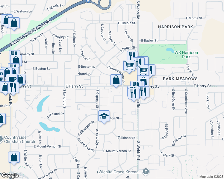 map of restaurants, bars, coffee shops, grocery stores, and more near 9235 East Harry Street in Wichita