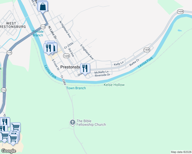 map of restaurants, bars, coffee shops, grocery stores, and more near 528-744 McNally Lane in Prestonsburg