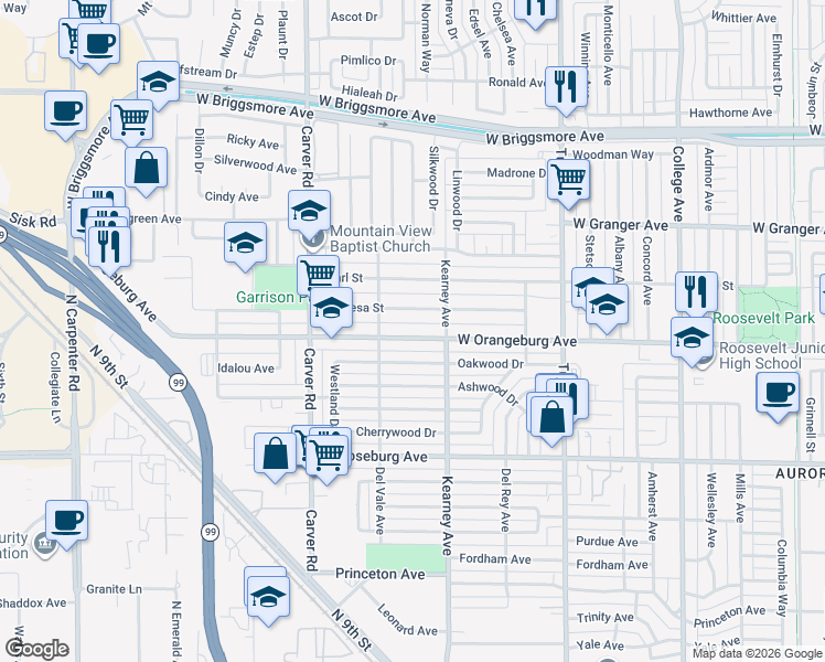 map of restaurants, bars, coffee shops, grocery stores, and more near 1540 Teresa Street in Modesto