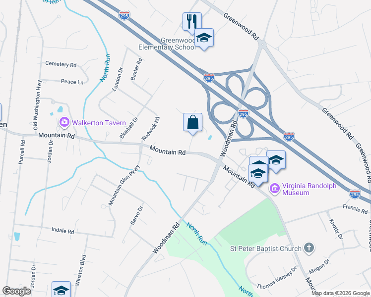 map of restaurants, bars, coffee shops, grocery stores, and more near 10704 Forget Me Not Way in Glen Allen
