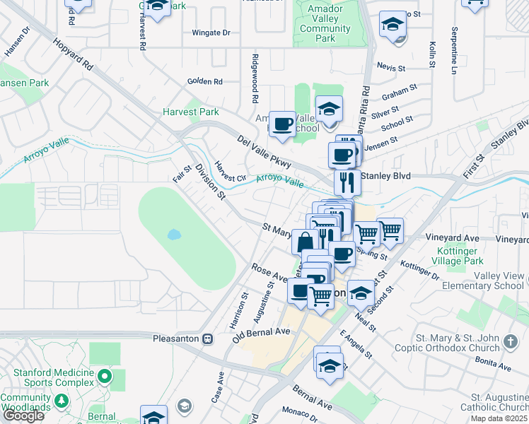map of restaurants, bars, coffee shops, grocery stores, and more near 4267 Pleasanton Avenue in Pleasanton