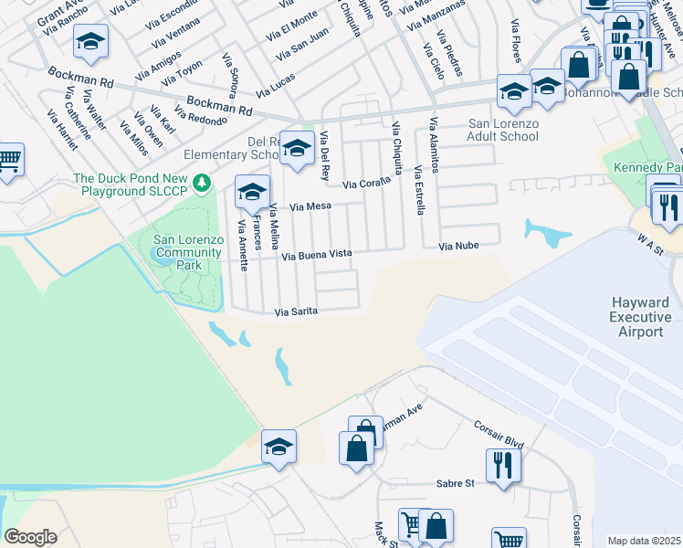 map of restaurants, bars, coffee shops, grocery stores, and more near 1642 Via Helena in San Lorenzo
