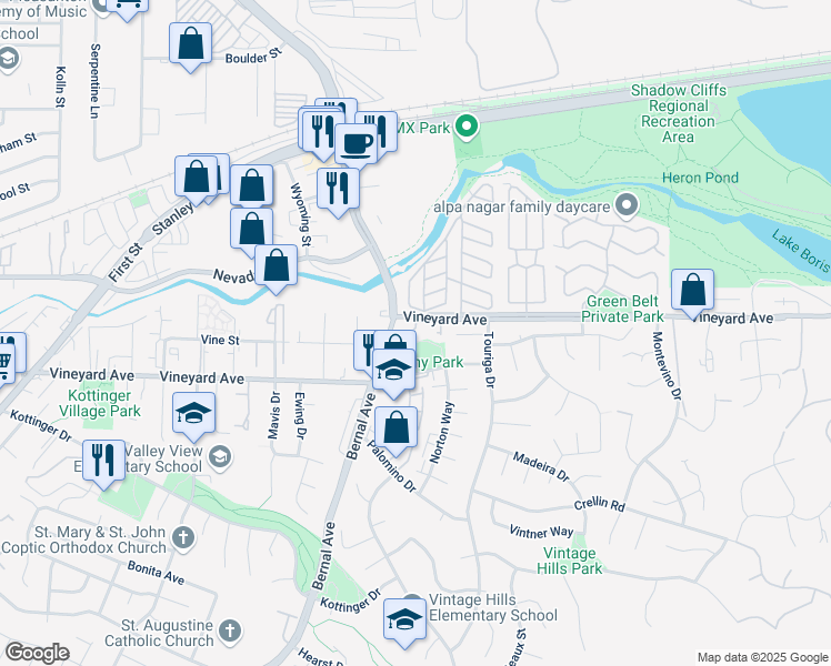 map of restaurants, bars, coffee shops, grocery stores, and more near 3376 Smoketree Commons Drive in Pleasanton