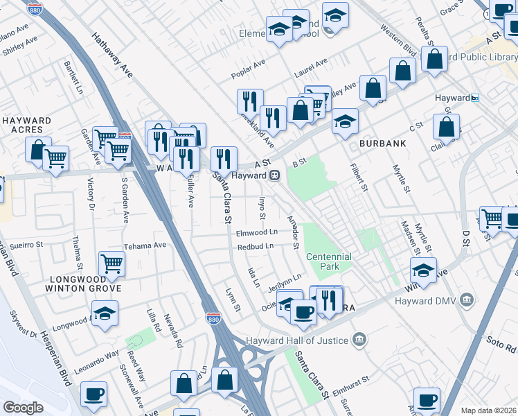 map of restaurants, bars, coffee shops, grocery stores, and more near 22771 Inyo Street in Hayward