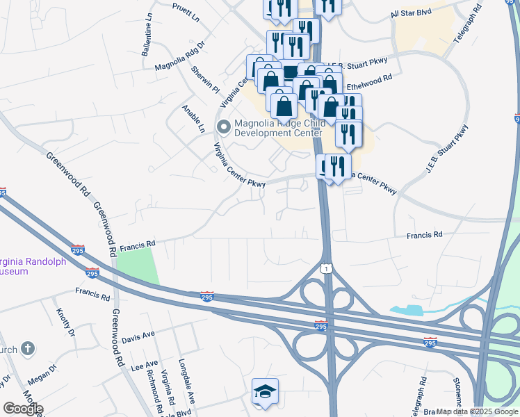 map of restaurants, bars, coffee shops, grocery stores, and more near 9709 Magnolia Pointe Place in Glen Allen