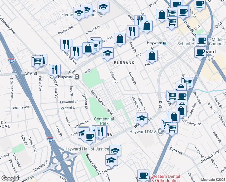 map of restaurants, bars, coffee shops, grocery stores, and more near 213 Burbank Street in Hayward