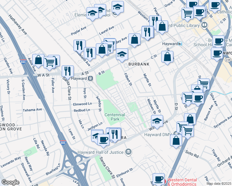 map of restaurants, bars, coffee shops, grocery stores, and more near 254 Sullivan Way in Hayward
