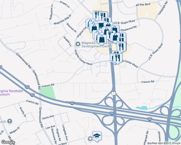 map of restaurants, bars, coffee shops, grocery stores, and more near 9709 Magnolia Pointe Place in Glen Allen